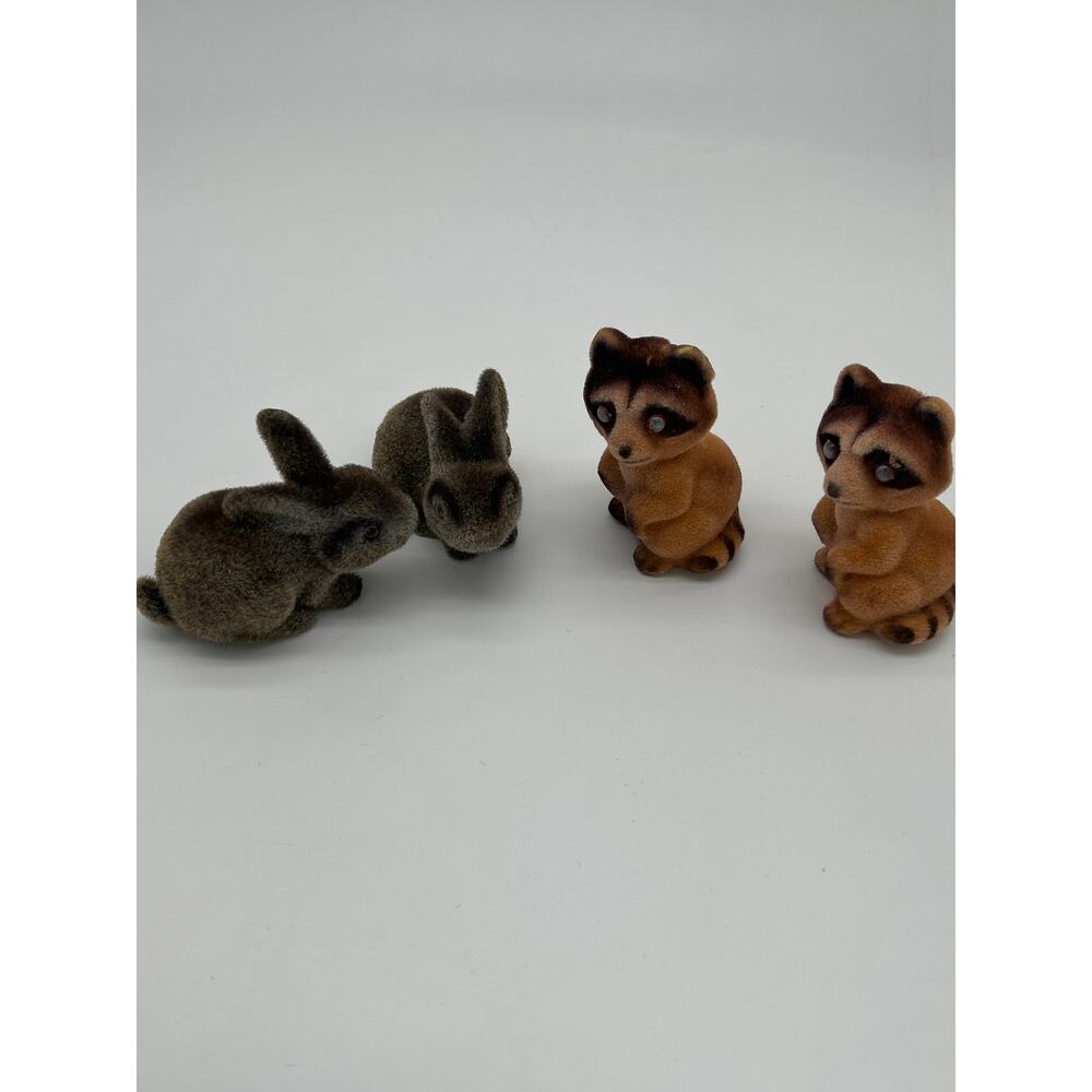 Vintage Flocked Animal Figurines Lot Raccoons & Rabbits Made in Hong Kong 1960s